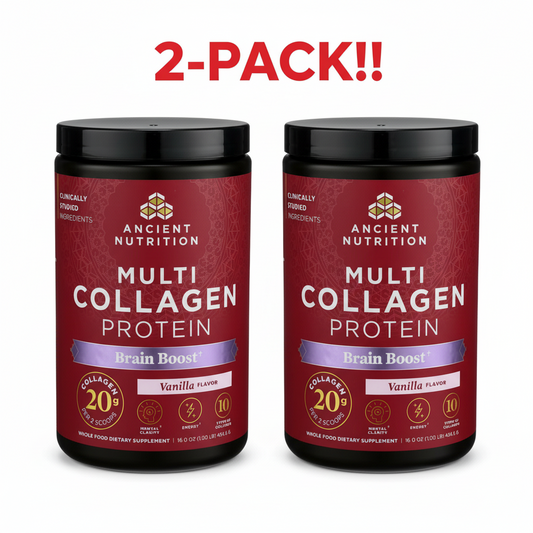 Two Ancient Nutrition Multi Collagen Protein Powder 16 oz canisters (Vanilla Brain Boost flavor) side-by-side, clearly indicating "2-Pack Bundle" or "Double Size."