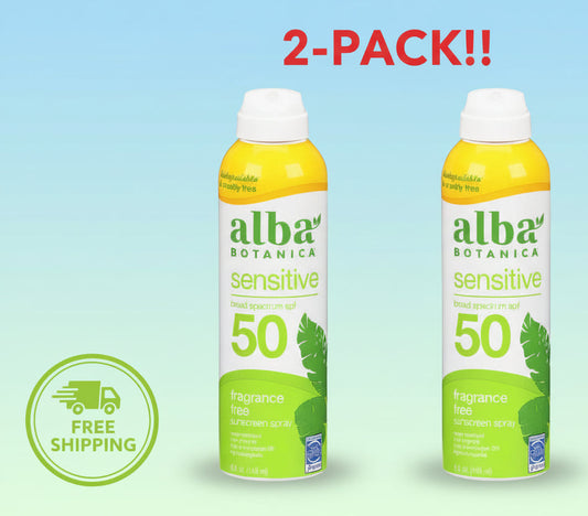 Two bottles of Alba Botanica sensitive sun screen spray on a gradient background with promotional text.