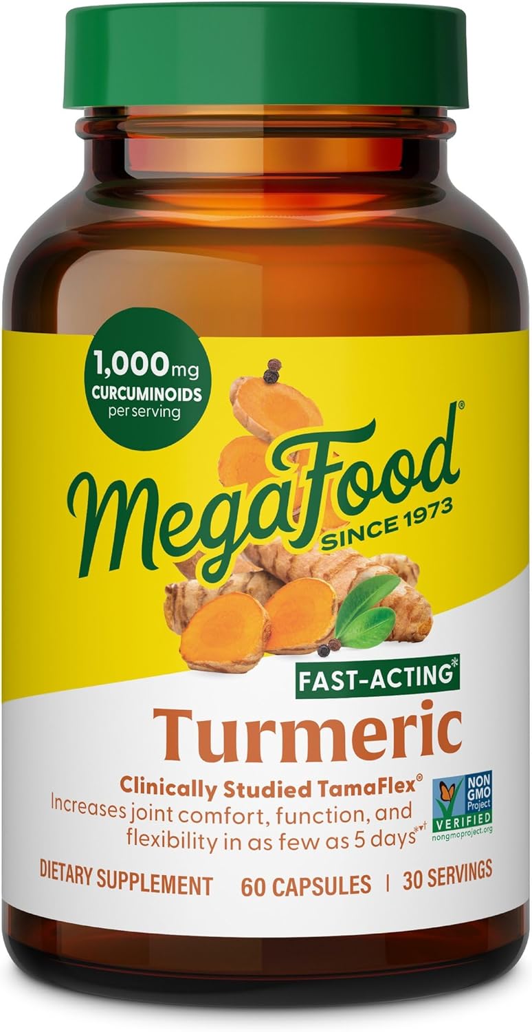 MegaFood Turmeric supplement bottle with green cap and label