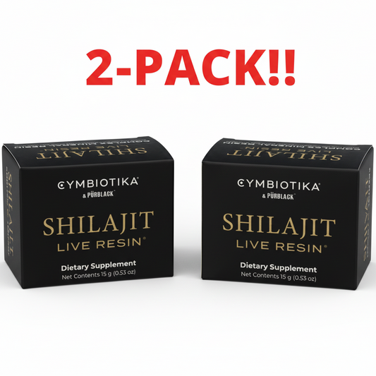 Two boxes of Cymbiotika Shilajit Live Resin dietary supplement with '2-Pack!' text above on a white background.