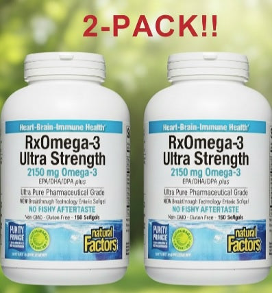 Two bottles of RxOmega-3 Ultra Strength supplements with a '2-Pack!' label on a green background.
