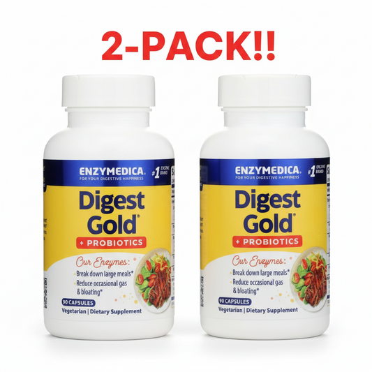 Two bottles of Enzymedica Digest Basic + Probiotics capsules, 90 count each (180 capsules total), gentle digestive enzymes with active cultures.