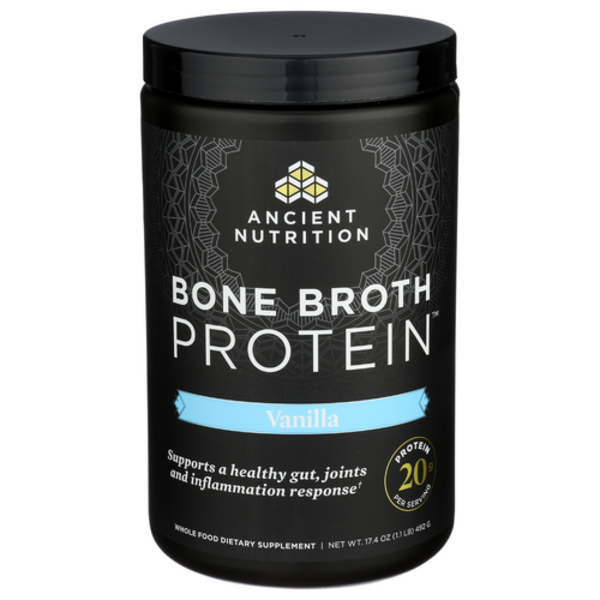 Black container of Ancient Nutrition Bone Broth Protein on a white background