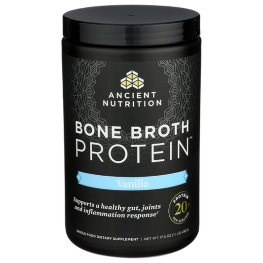 Black container of Ancient Nutrition Bone Broth Protein on a white background