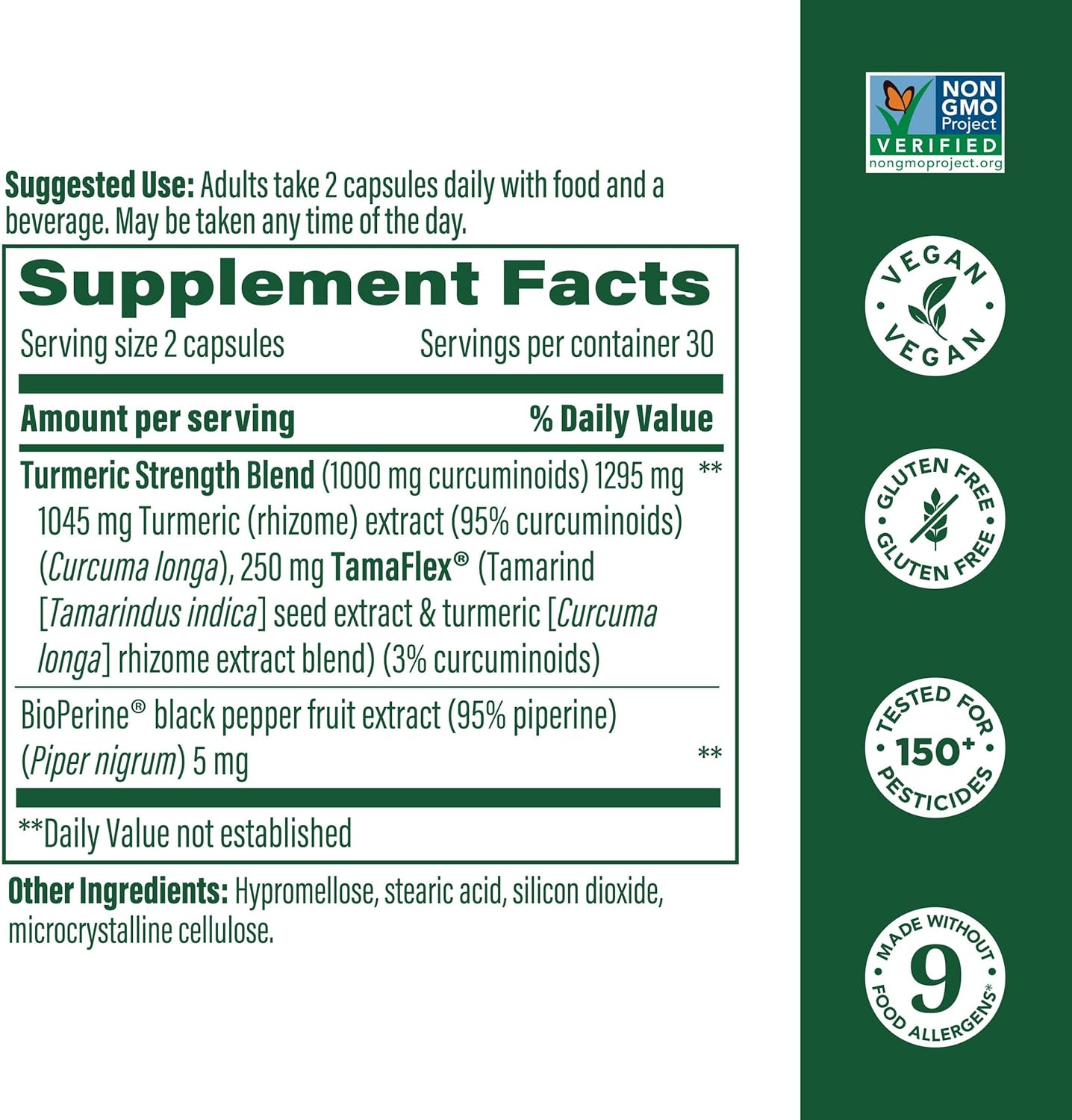 Supplement label with ingredient list and certification logos on a green background