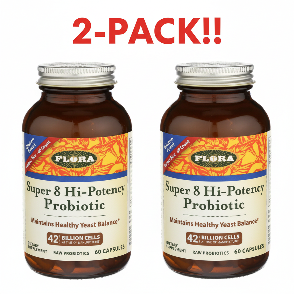 Two bottles of Flora Super 8 Hi-Potency Probiotic on a white background with '2-Pack!!' text.