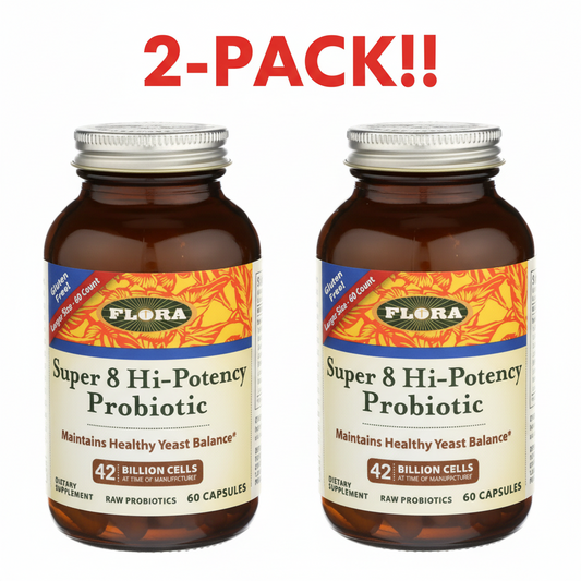 Two bottles of Flora Super 8 Hi-Potency Probiotic on a white background with '2-Pack!!' text.