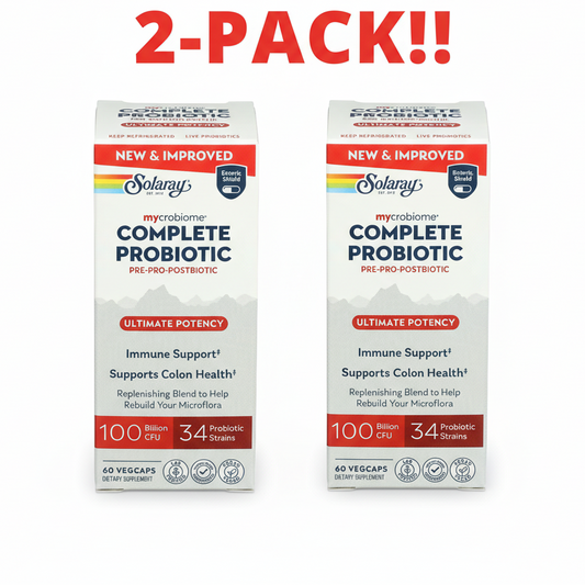 Two bottles of Solaray Mycrobiome Complete Probiotic Ultimate Potency, 60 VegCaps each, displayed as a 2-Pack Value Bundle (120 capsules total).
