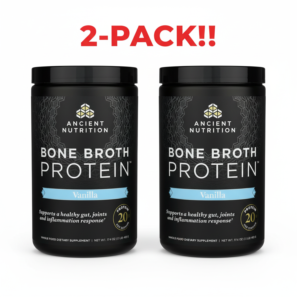 Two containers of Ancient Nutrition Bone Broth Protein on a white background with '2-Pack!!' text above.