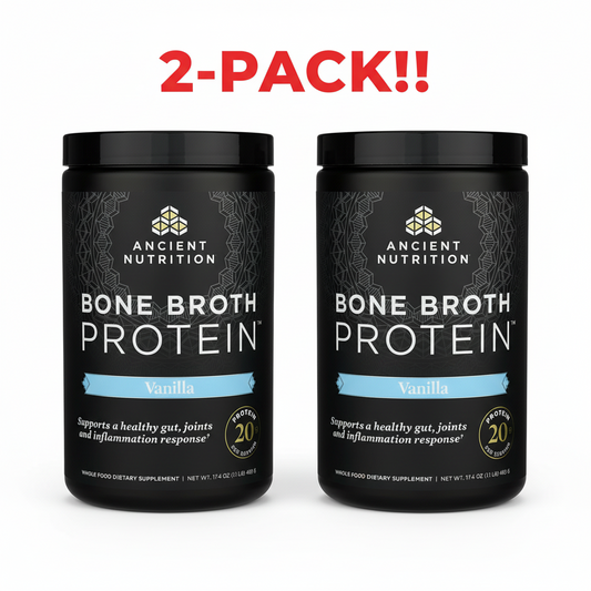 Two containers of Ancient Nutrition Bone Broth Protein on a white background with '2-Pack!!' text above.