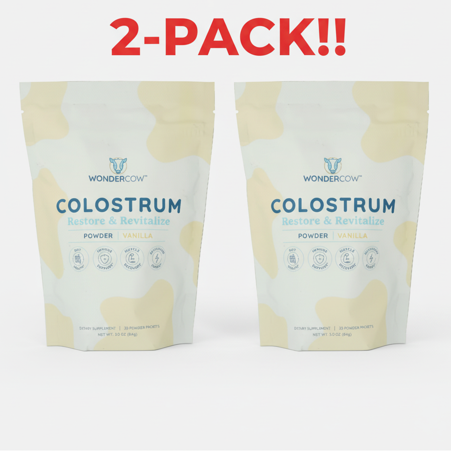 Two packages of WonderCow Colostrum powder on a white background with '2-Pack!!' text above.