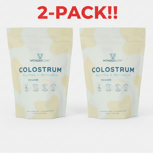 Two packages of WonderCow Colostrum powder on a white background with '2-Pack!!' text above.
