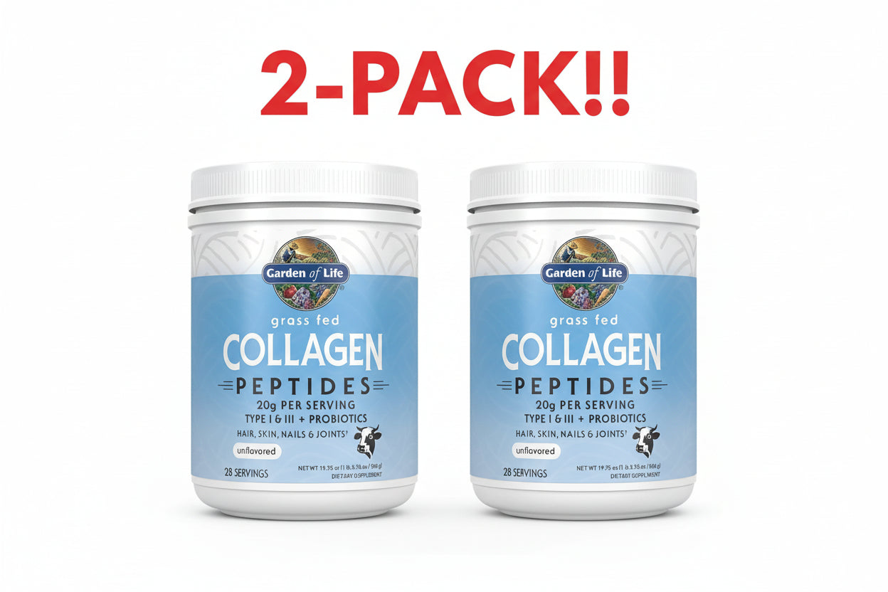 Two containers of Garden of Life collagen peptides on a white background with '2-Pack!!' text.