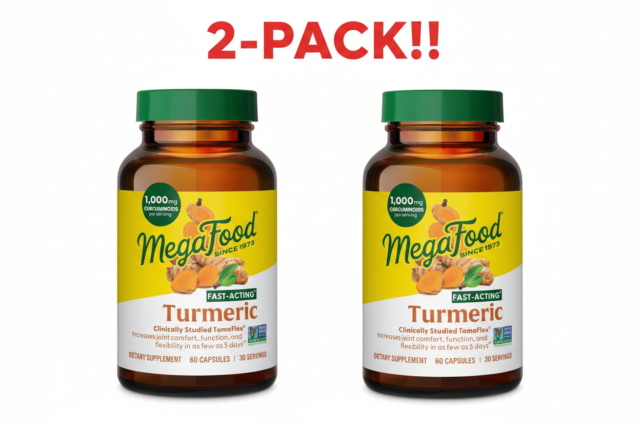 Two bottles of MegaFood Turmeric supplement on a white background with '2-Pack!!' text above.