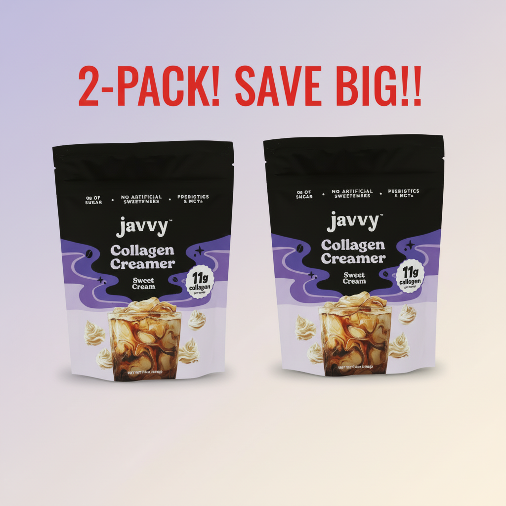 Two bags or tubs of Javvy Coffee Sweet Cream Collagen Creamer, clearly indicating it is a 2-Pack bundle and highlighting 11g collagen/serving.