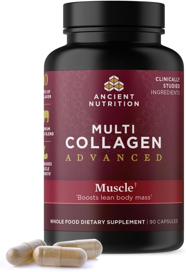 Black bottle of Ancient Nutrition Multi Collagen Advanced supplement with capsules on a white background