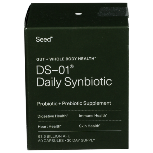 Black box of Seed DS-01 Daily Synbiotic supplement on a white background