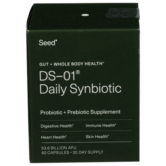Black box of Seed DS-01 Daily Synbiotic supplement on a white background