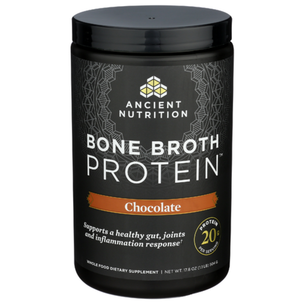 Ancient Nutrition Bone Broth Protein chocolate flavor container on a white background