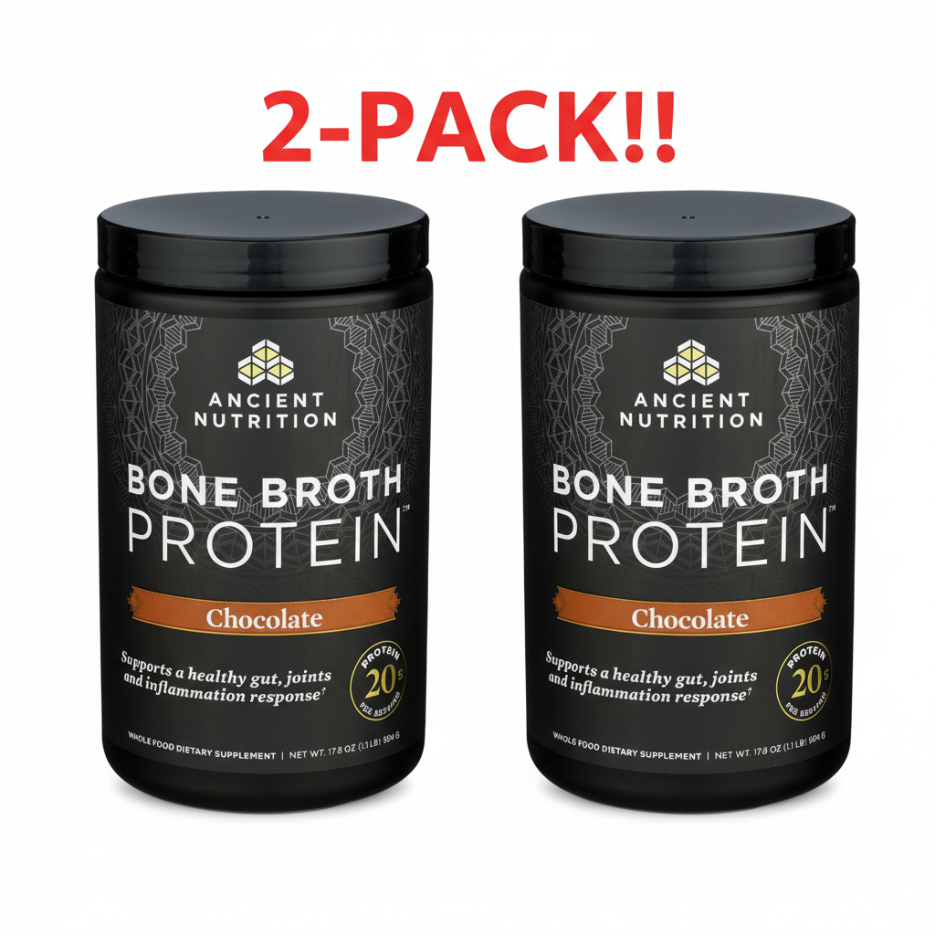 Two Ancient Nutrition Chocolate Bone Broth Protein 17.8 oz tubs displayed side-by-side, clearly indicating "Double Pack" or "2-Pack Bundle," emphasizing "Chocolate Flavor" and "20g Protein.