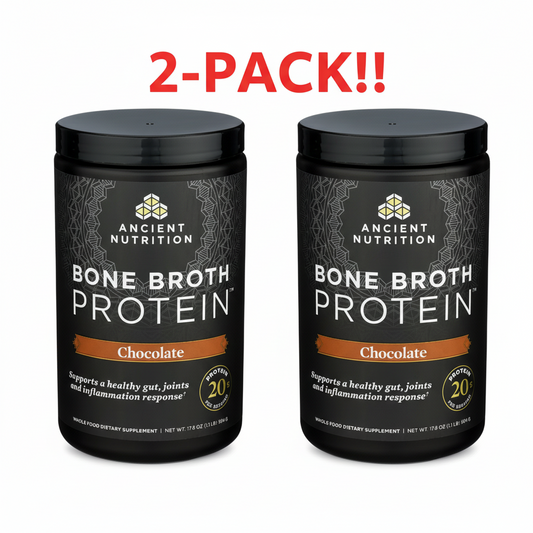 Two Ancient Nutrition Chocolate Bone Broth Protein 17.8 oz tubs displayed side-by-side, clearly indicating "Double Pack" or "2-Pack Bundle," emphasizing "Chocolate Flavor" and "20g Protein.