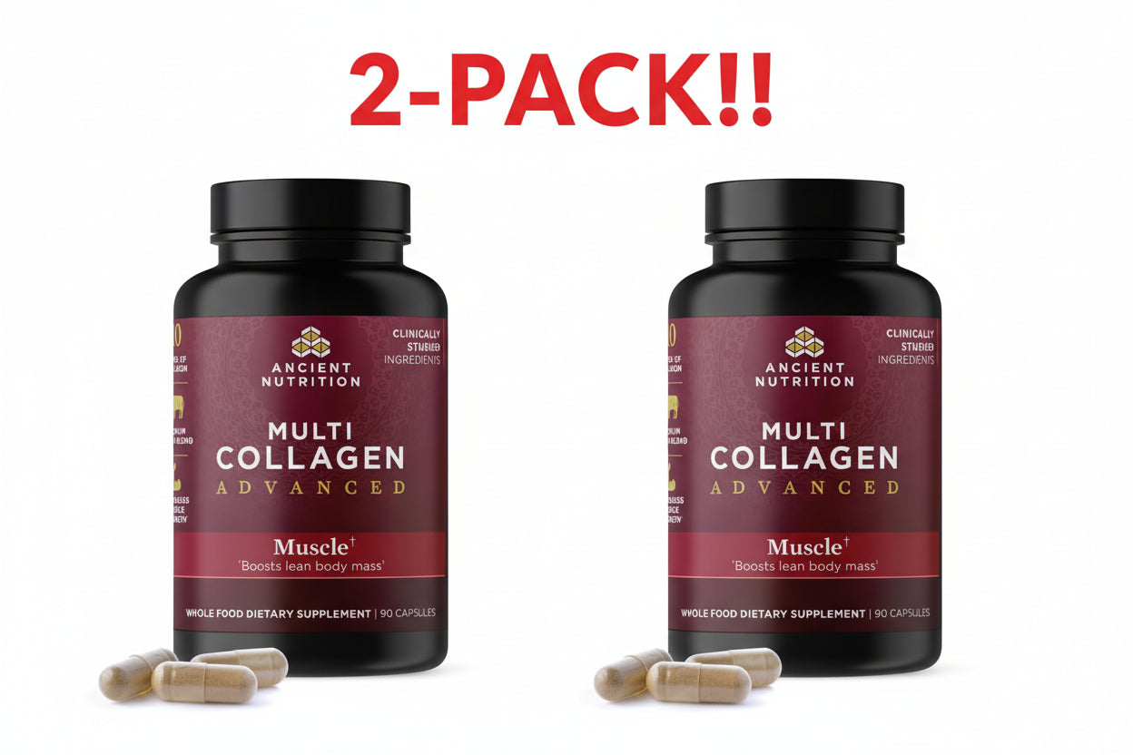 Two bottles of Ancient Nutrition Multi Collagen Advanced Muscle supplement with '2-Pack!' text on a white background.
