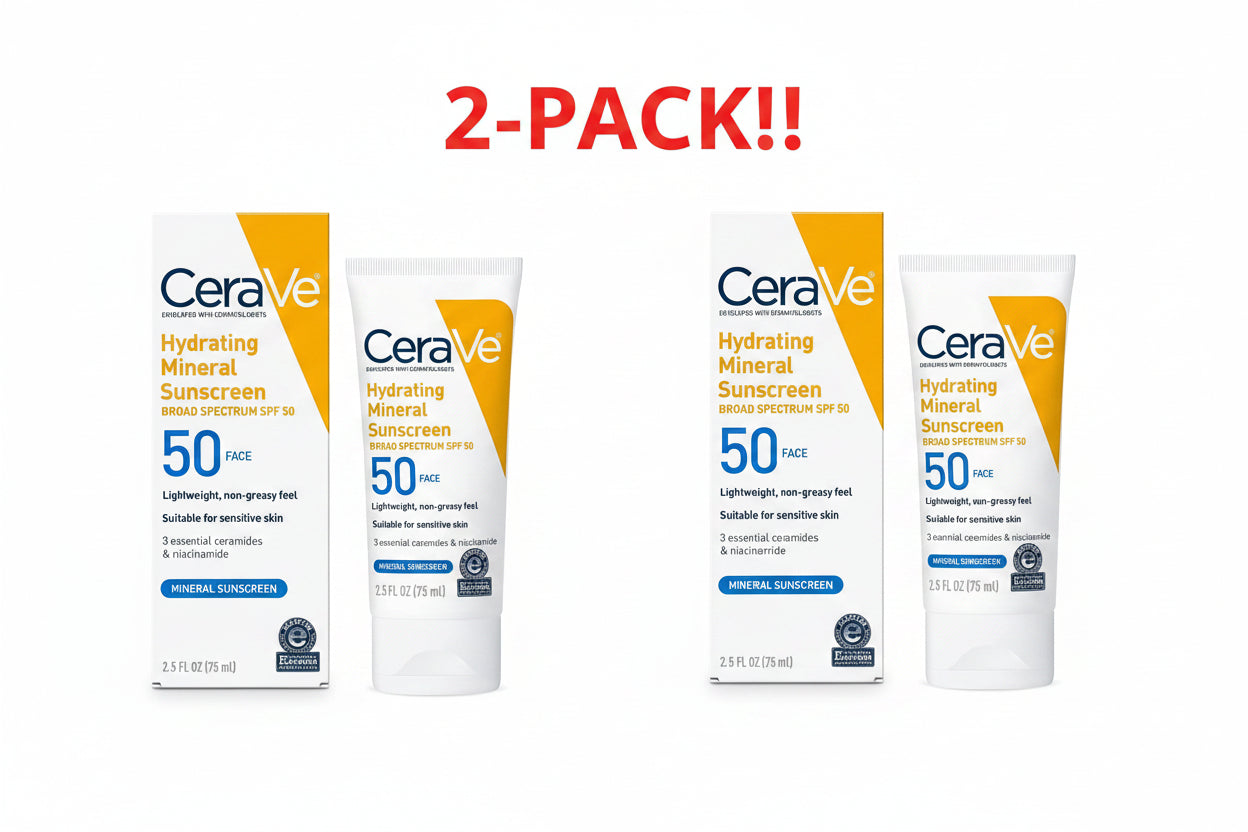CeraVe hydrating mineral sunscreen packaging and tube on a white background