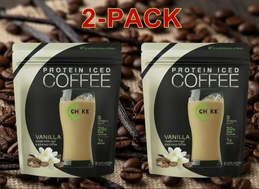 Two packages of Protein Iced Coffee with vanilla flavor on a white background