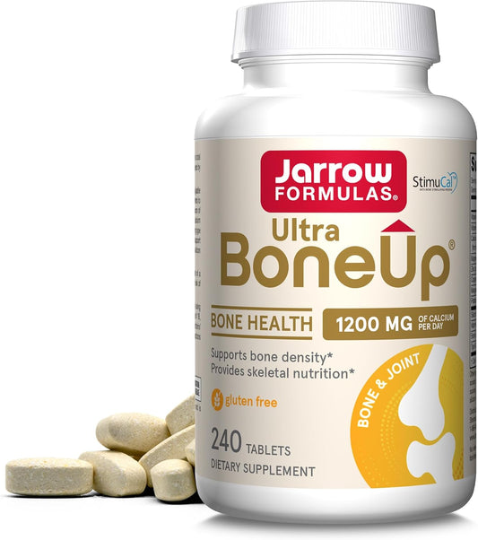 Jarrow Formulas Ultra BoneUp supplement bottle with tablets on a white background