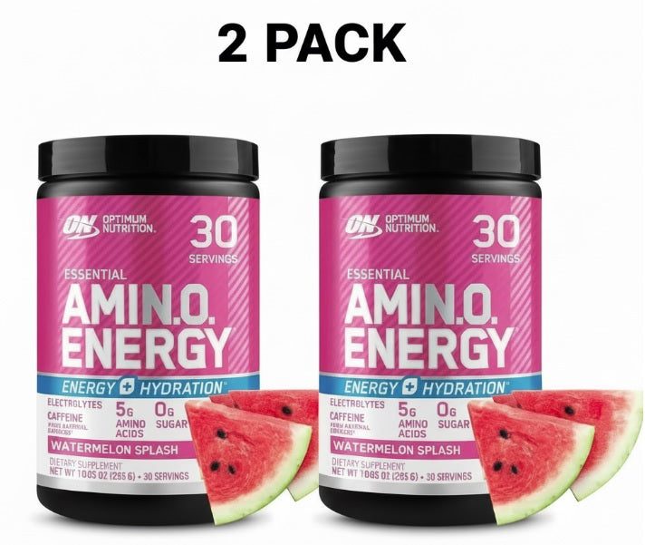 Two bottles of Optimum Nutrition Amin.O. Energy supplement with watermelon slices on a white background.