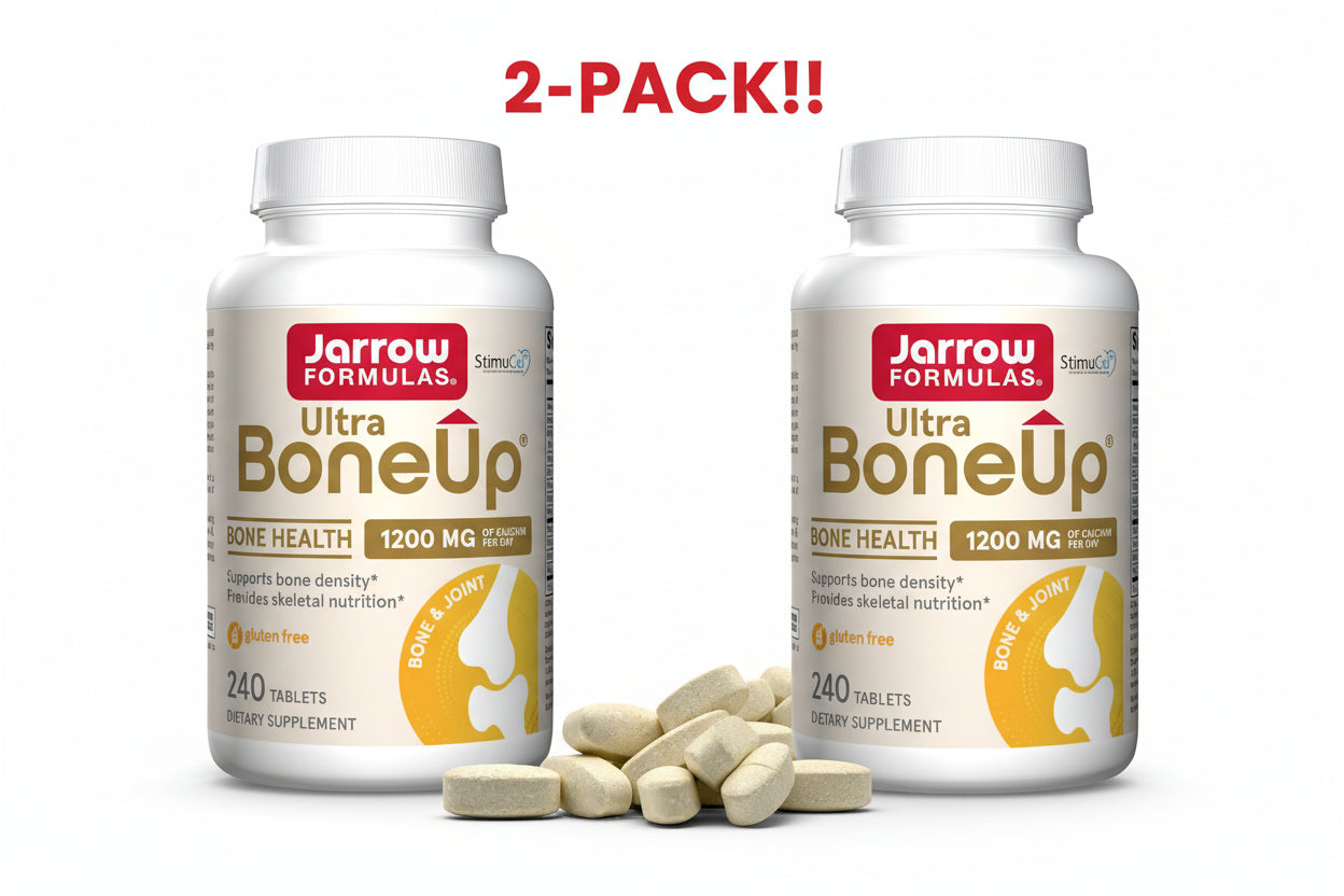 Two bottles of Jarrow Formulas Ultra BoneUp supplement with scattered tablets on a white background.