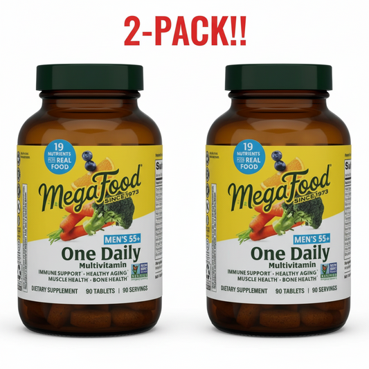 Two bottles of MegaFood Men's 55+ One Daily Multivitamin, 90 tablets each, displayed as a 2-Pack Value Bundle (180 tablets total).