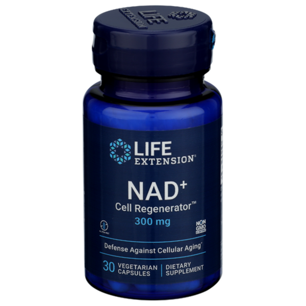 Blue supplement bottle labeled 'NAD+ Cell Regenerator' by Life Extension on a white background