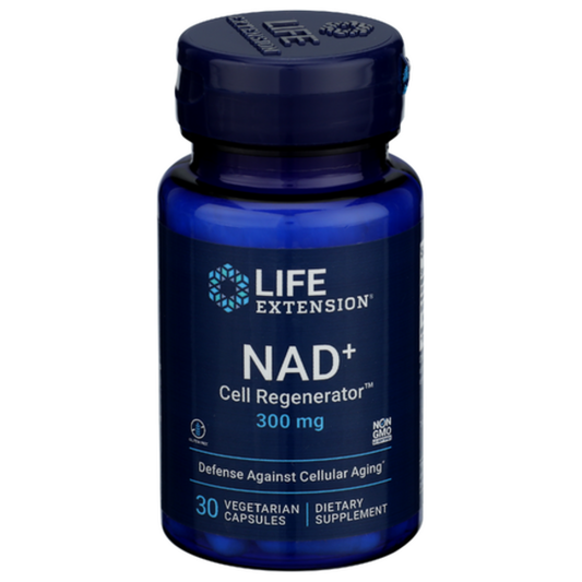 Blue supplement bottle labeled 'NAD+ Cell Regenerator' by Life Extension on a white background
