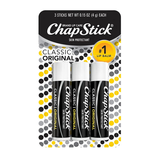 ChapStick Classic Original lip balm packaging with three sticks on a white background