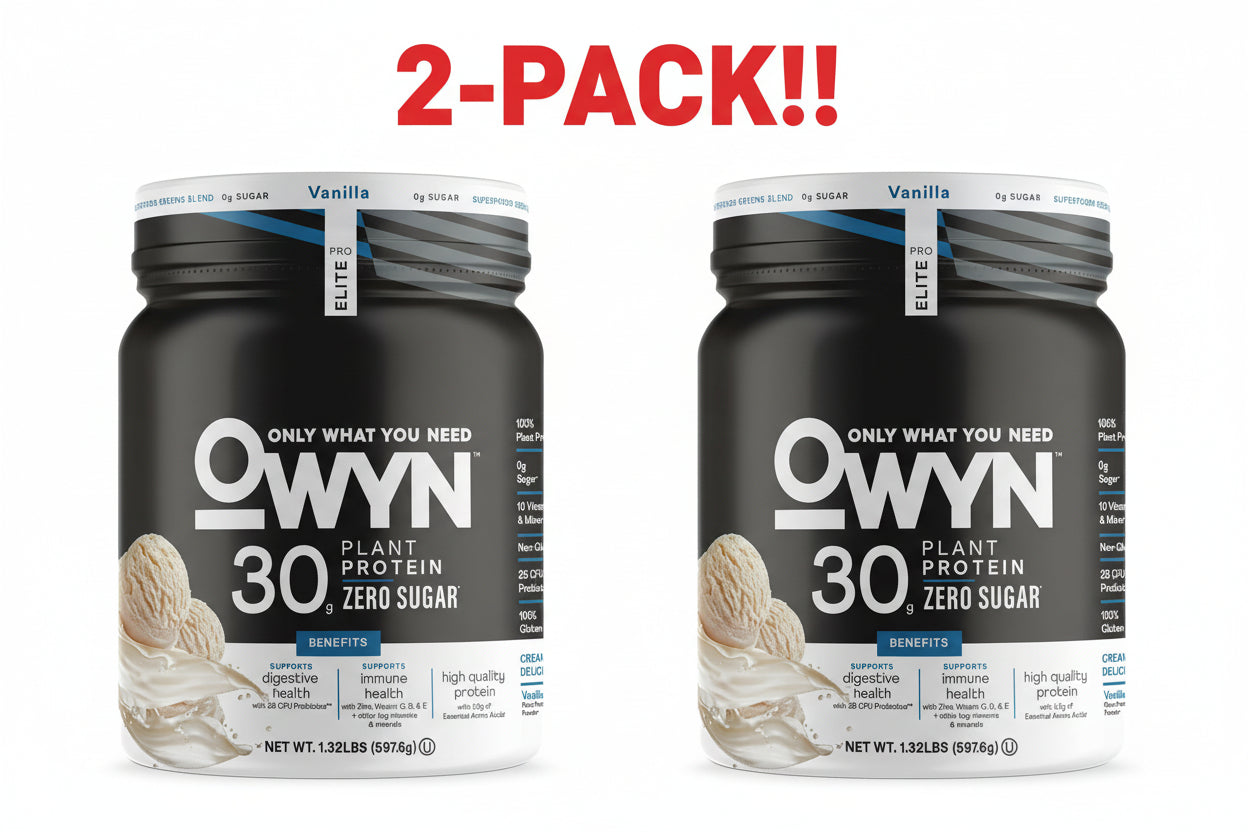 Two containers of OWYN plant protein powder with a '2-Pack!!' label on a white background.