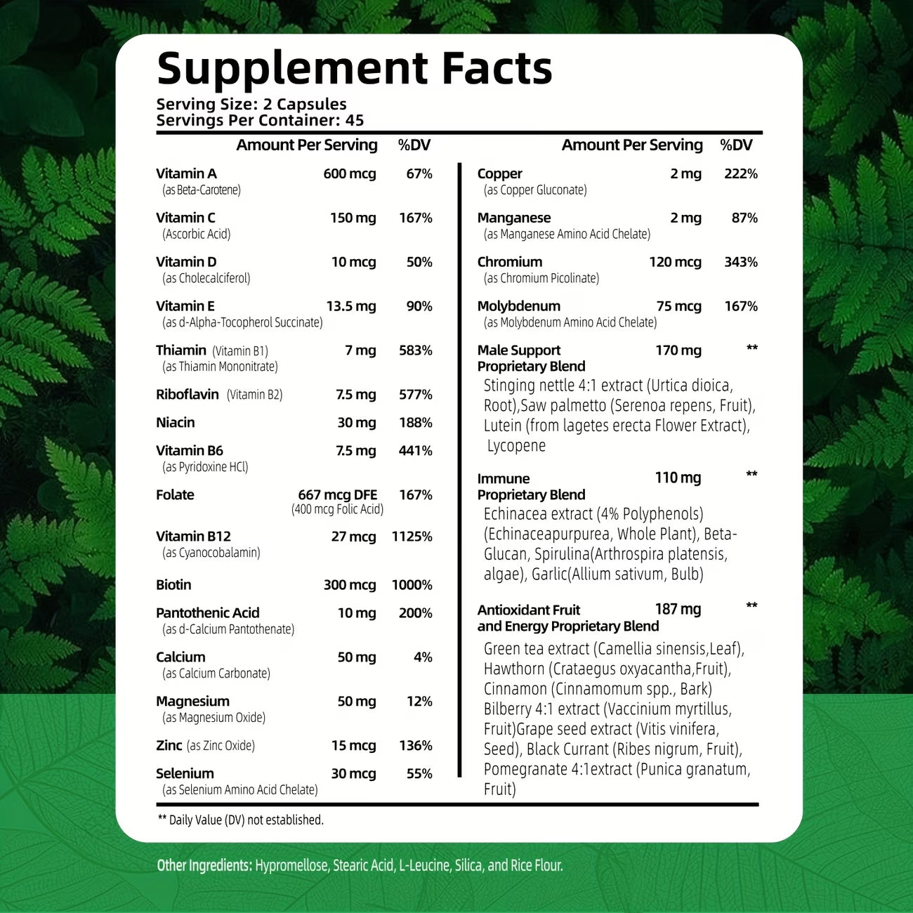 Supplement facts label with green leafy background