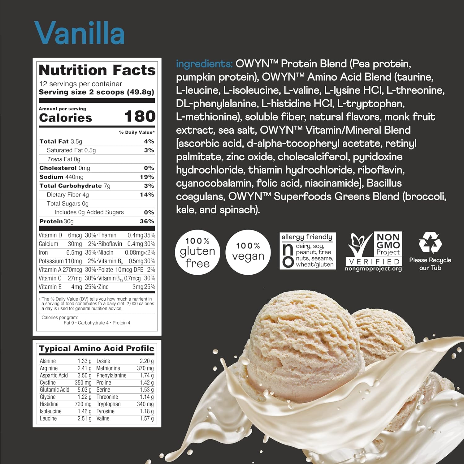 Vanilla ice cream container with nutrition facts label and ingredients list on a dark background.
