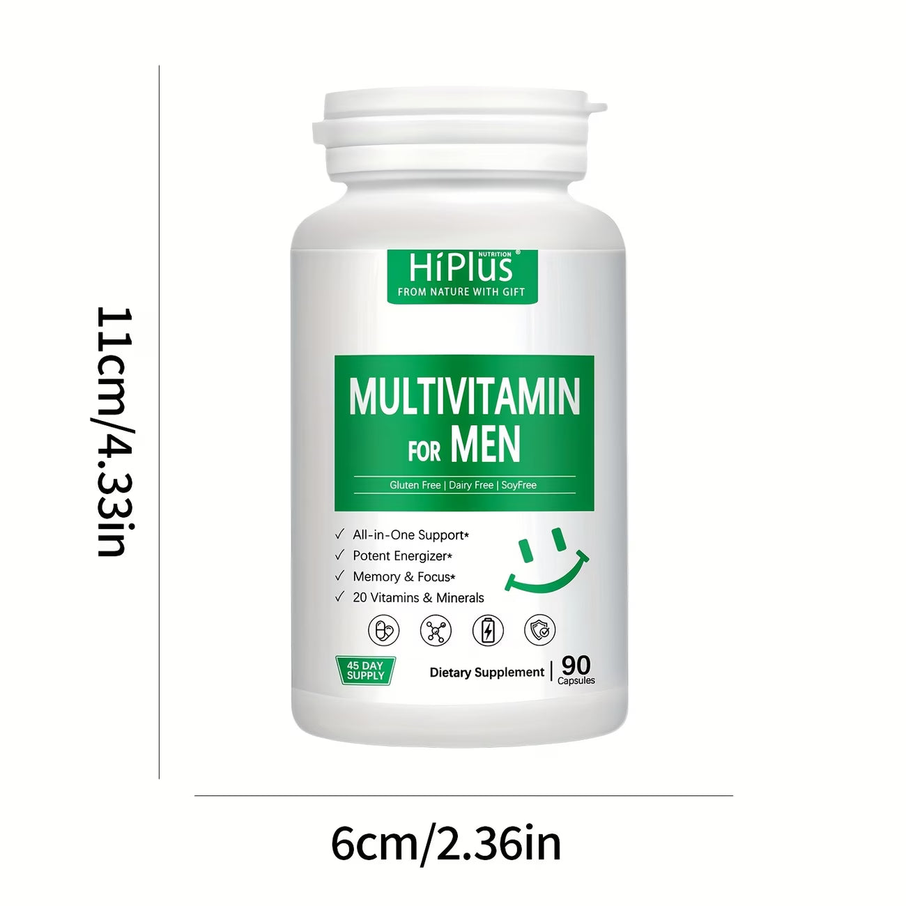 Multivitamin supplement bottle for men with dimensions on a white background