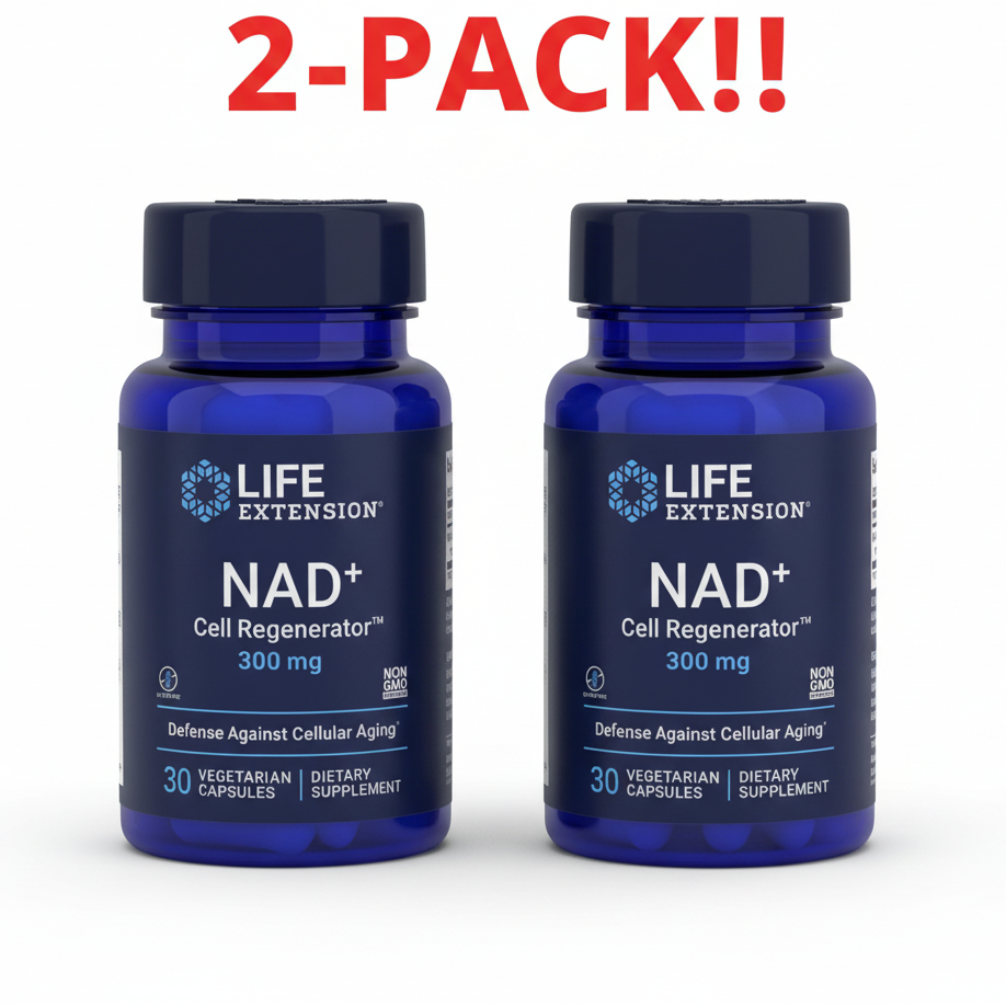Life Extension NAD+ Cell Regenerator 300 mg 30 count two-pack bundle Two bottles of Life Extension NAD+ Cell Regenerator on a white background with '2-Pack!!' text.