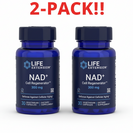 Life Extension NAD+ Cell Regenerator 300 mg 30 count two-pack bundle Two bottles of Life Extension NAD+ Cell Regenerator on a white background with '2-Pack!!' text.