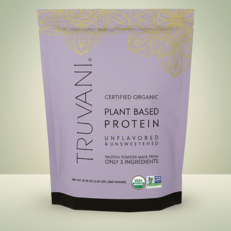 Single bag of Truvani Organic Unflavored & Unsweetened Plant-Based Protein Powder, 19.75 oz, emphasizing the "Unflavored" and "Unsweetened" callouts.