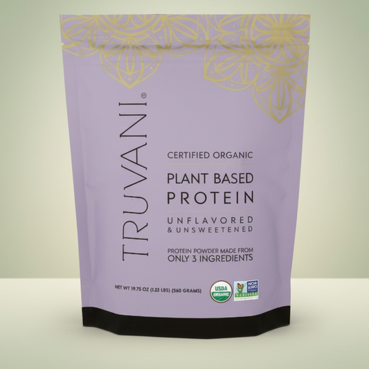 Single bag of Truvani Organic Unflavored & Unsweetened Plant-Based Protein Powder, 19.75 oz, emphasizing the "Unflavored" and "Unsweetened" callouts.