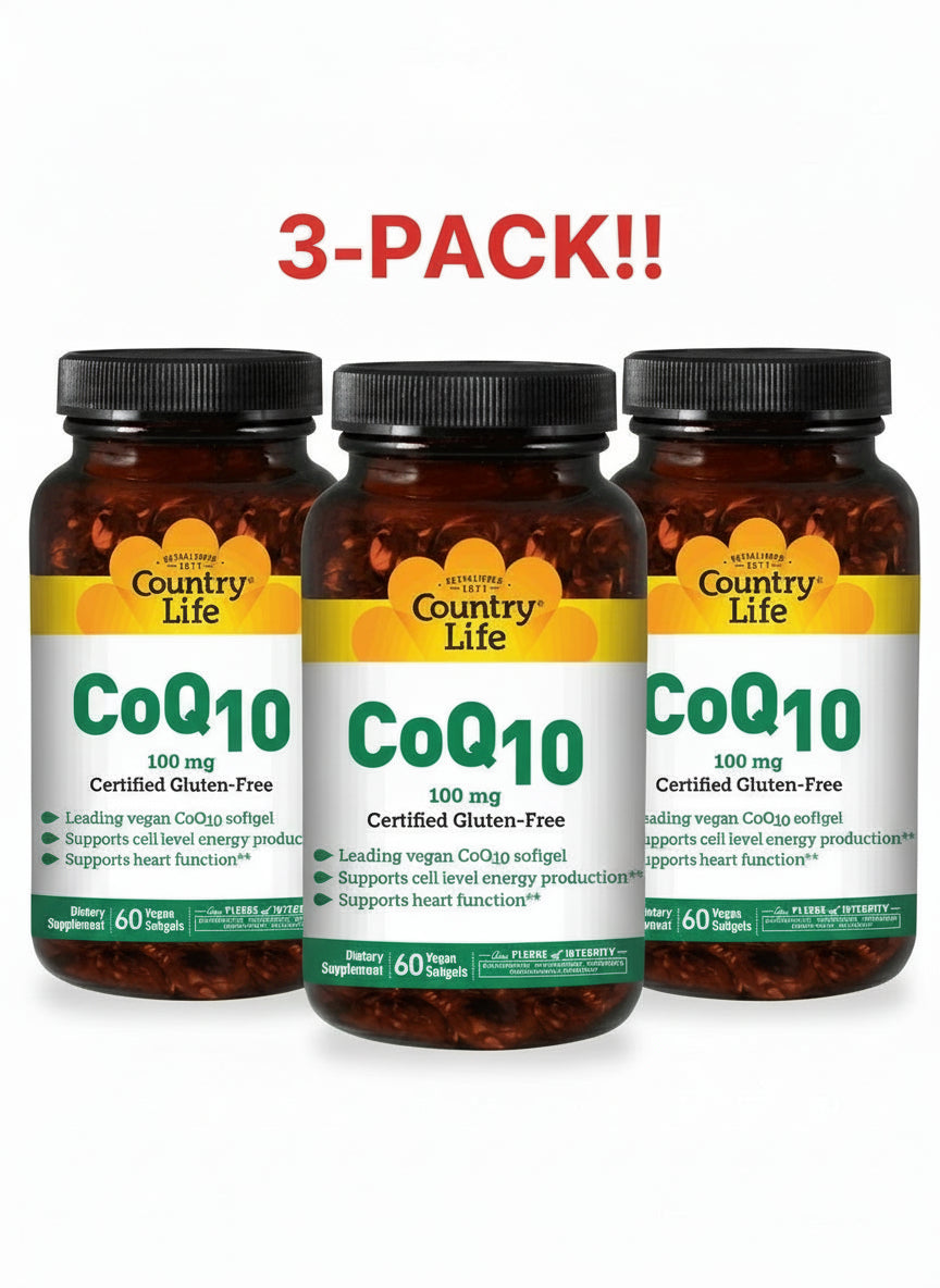 Three Country Life Co Q-10 60-count bottles grouped together, emphasizing the significant value of the triple pack bundle. Supplement bottle labeled 'Country Life CoQ10' on a white background