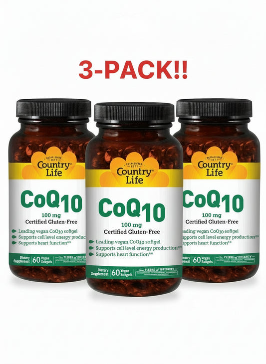 Three Country Life Co Q-10 60-count bottles grouped together, emphasizing the significant value of the triple pack bundle. Supplement bottle labeled 'Country Life CoQ10' on a white background