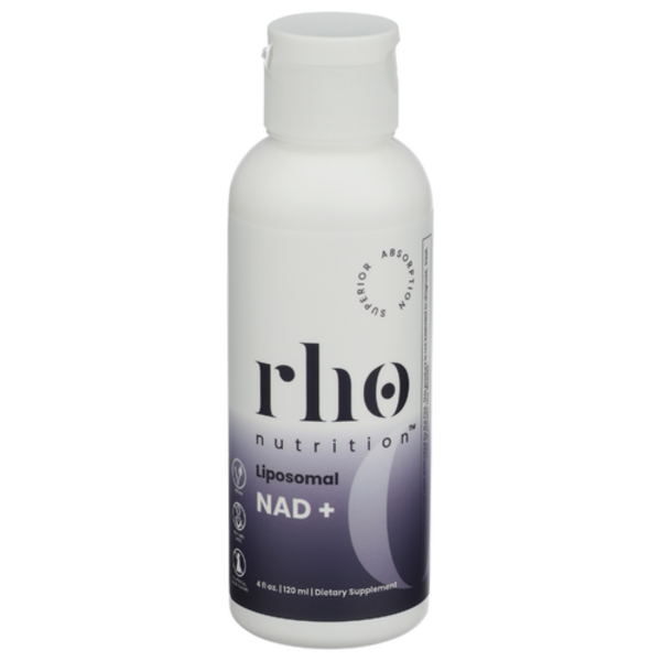 White bottle of rho nutrition liposomal NAD+ supplement on a white background