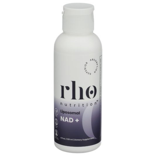 White bottle of rho nutrition liposomal NAD+ supplement on a white background
