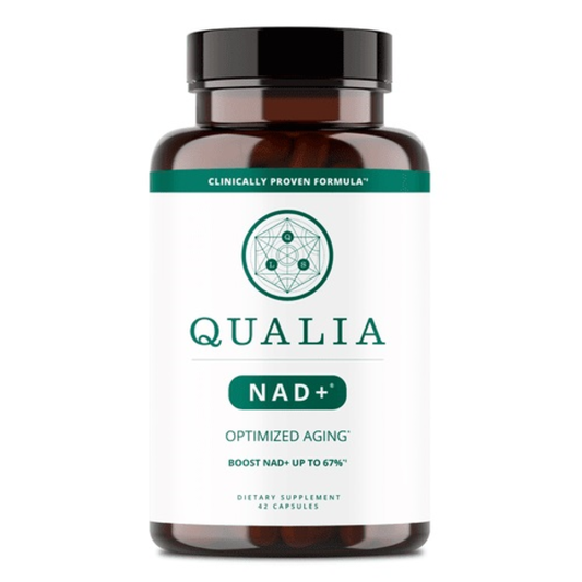 Supplement bottle labeled 'Qualia NAD+' on a white background