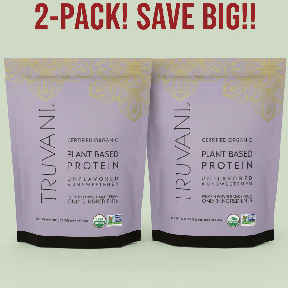 Two bags of Truvani Organic Unflavored & Unsweetened Plant-Based Protein Powder, 19.75 oz each, displayed side-by-side to highlight the '2-Pack' and the 'Unsweetened' feature.