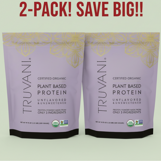 Two bags of Truvani Organic Unflavored & Unsweetened Plant-Based Protein Powder, 19.75 oz each, displayed side-by-side to highlight the '2-Pack' and the 'Unsweetened' feature.